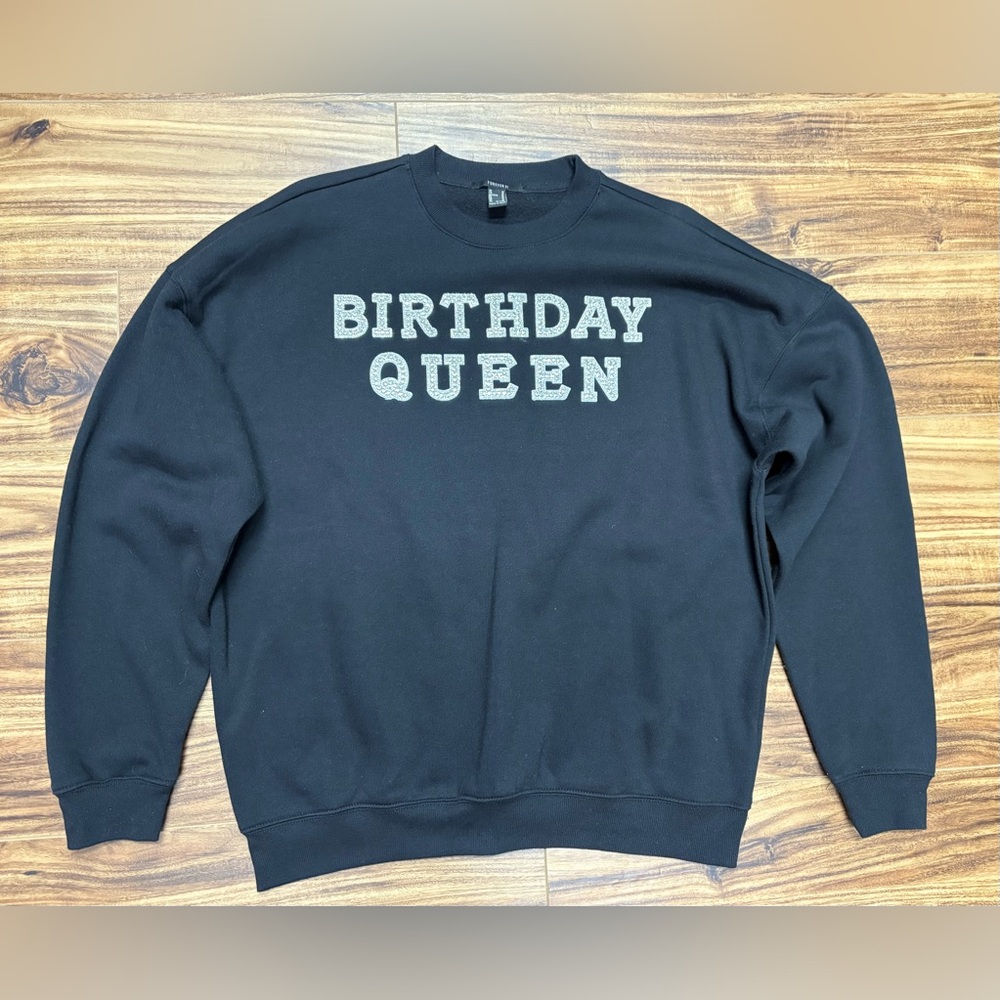 Forever 21 Birthday Queen black sweatshirt with crystals, size medium, like new